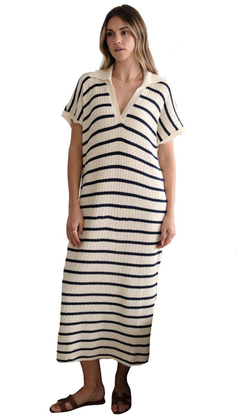 ERIN KNIT DRESS - ECRU/NAVY