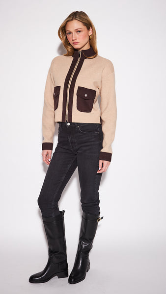CAMILLA ZIP UP CARDIGAN SWEATER IN ROASTED ACORN