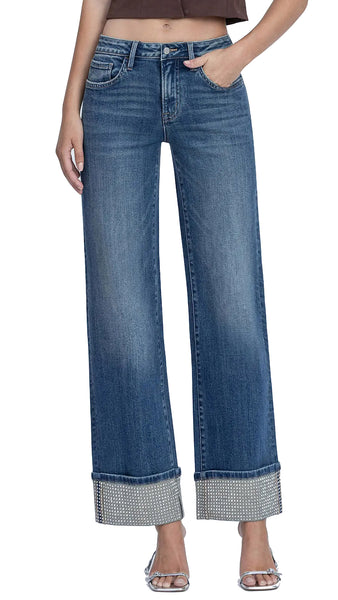 Mid Rise Rhinestone Cuffed Blue Denim