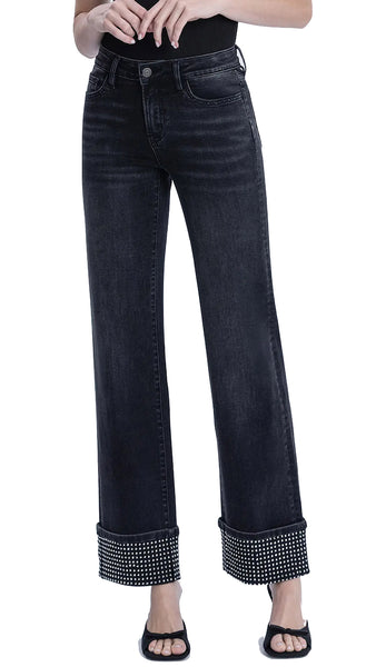 Mid Rise Rhinestone Cuffed Black Denim