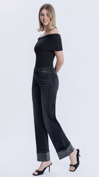 Mid Rise Rhinestone Cuffed Black Denim