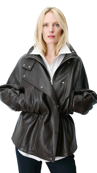AUBURN RELAXED FAUX-LEATHER JACKET W/ CINCHED WAIST OPTION