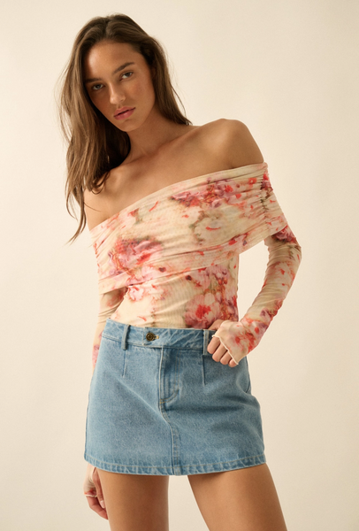 Floral Mesh Off-Shoulder Foldover Long-Sleeve Bodysuit