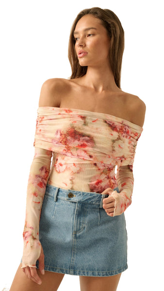 Floral Mesh Off-Shoulder Foldover Long-Sleeve Bodysuit