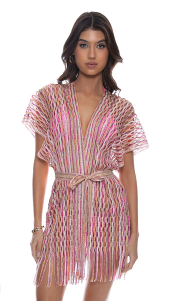 METALLIC FRINGE SHORT CAFTAN - MULTI PINK CORAL