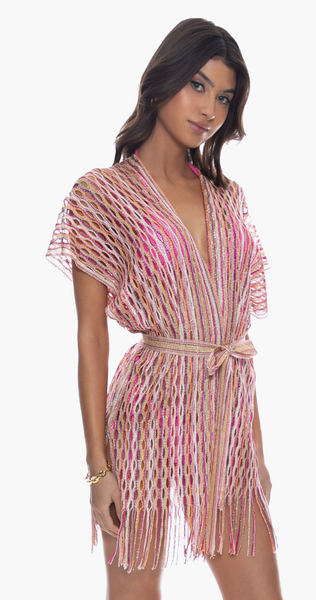 METALLIC FRINGE SHORT CAFTAN - MULTI PINK CORAL
