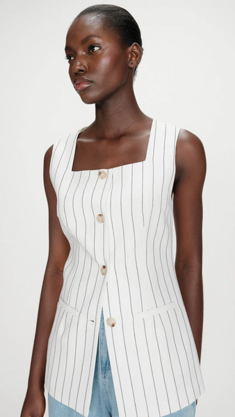 VIC TAILORED LINEN VEST IN PINSTRIPE WHITE