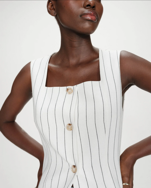 VIC TAILORED LINEN VEST IN PINSTRIPE WHITE