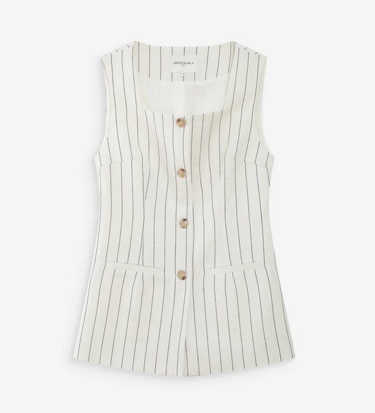 VIC TAILORED LINEN VEST IN PINSTRIPE WHITE
