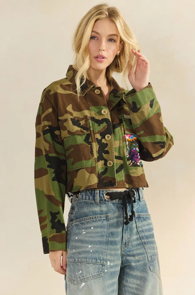 Camo Sequins Contrast Jacket