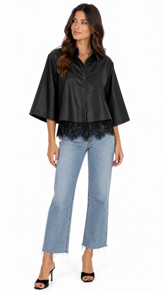 NICK FAUX LEATHER BUTTON DOWN w. REMOVABLE LACE TRIM CAMI