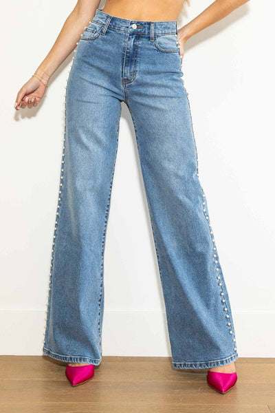 STUDDED PEARL HIGH RISE WIDE LEG JEAN