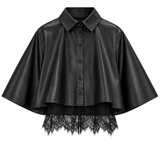 NICK FAUX LEATHER BUTTON DOWN w. REMOVABLE LACE TRIM CAMI