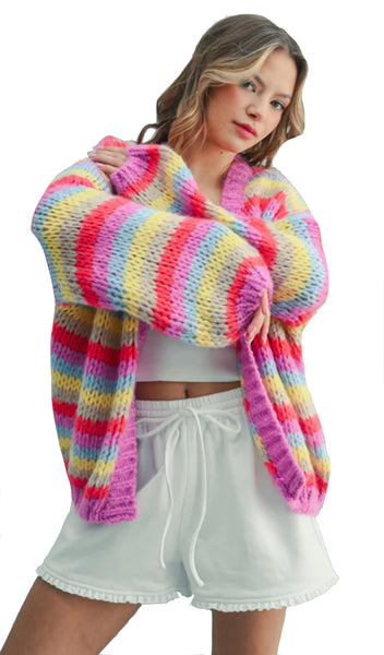 MULTI-STRIPED CARDIGAN SWEATER
