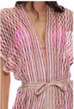 METALLIC FRINGE LONG CAFTAN - MULTI PINK CORAL