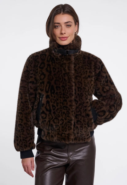 Ambra Short Faux Fur Jacket-Brown Leopard