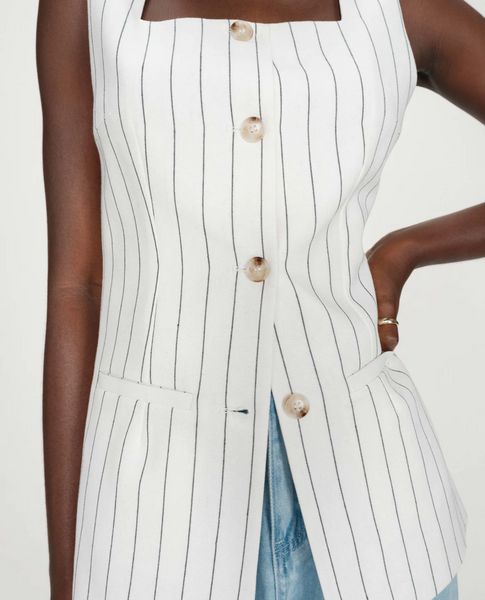VIC TAILORED LINEN VEST IN PINSTRIPE WHITE