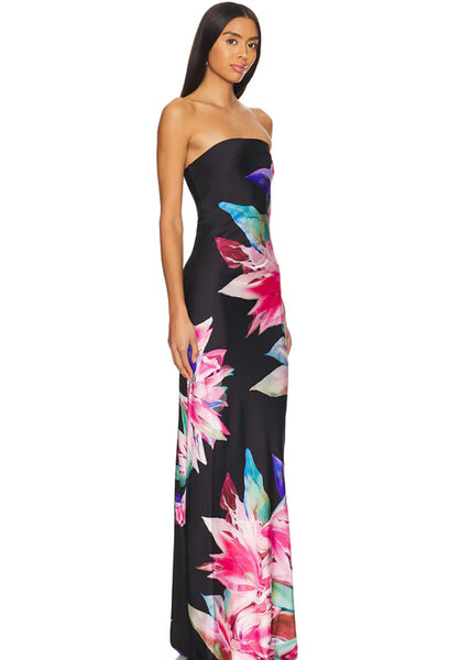 BLACK STRAPLESS FLORAL MAXI DRESS