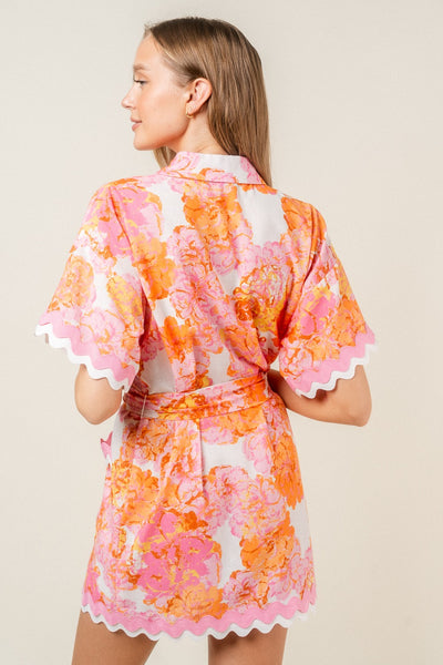 SCALLOP TRIM PINK/ORANGE FLORAL SHIRT DRESS *LAST ONE - M*