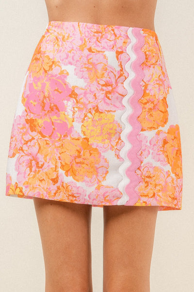 SCALLOP WAVE DETAIL PINK/ORANGE FLORAL SKIRT