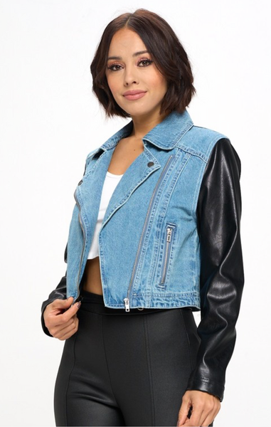 Cropped Denim Moto with Faux Leather Sleeves *LAST ONE*